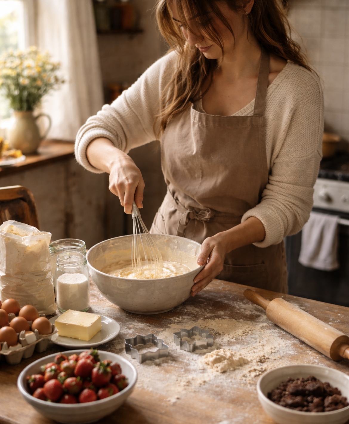 Nana préparant une recette de patisserie dans sa cuisine.
